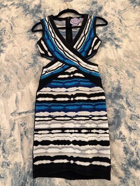 Herve Leger Blue Black White Striped Cutout Bandage Mini Dress